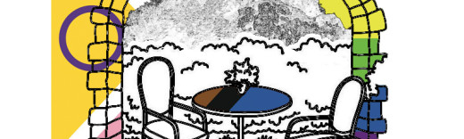 Eine Zeichnung: Tisch und Stühle stehen vor einer Berglandschaft, im Hintergrund scheint die Progress Flag durch