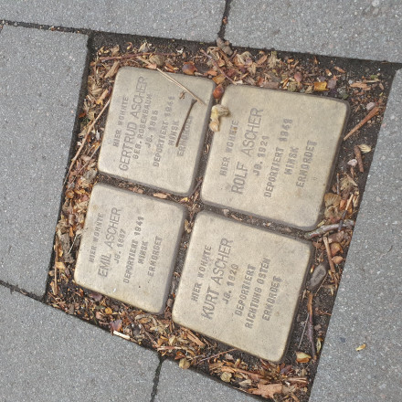 Nebeneinander sind vier Stolpersteine angeordnet, die an Emil, Gertrud, Rolf und Kurt Ascher erinnern. Auf den Steinen steht "DEPORTIERT 1941"