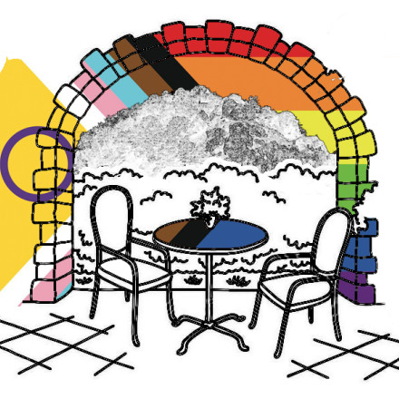 Eine Zeichnung: Tisch und Stühle stehen vor einer Berglandschaft, im Hintergrund scheint die Progress Flag durch